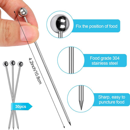 30 Pcs Cocktail Picks, Appetizer Skewers Stainless Steel, Cocktail Skewers Cleanable and Reusable, Toothpicks for Food and Drinks, Bar Party, Barbeque Snacks, Sandwiches, and Fruit (4.2Inch)