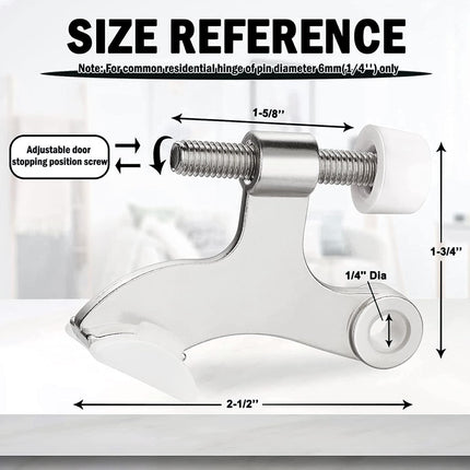 Hinge Pin Door Stopper, 2 Pcs Heavy Duty Hinge Pin Stopper, Adjustable Door Stopper with White Rubber Bumper Tips, Striking Wall Dents from Door Knobs, Silver