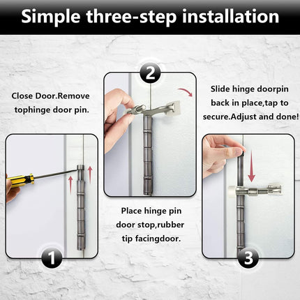 Hinge Pin Door Stopper, 2 Pcs Heavy Duty Hinge Pin Stopper, Adjustable Door Stopper with White Rubber Bumper Tips, Striking Wall Dents from Door Knobs, Silver