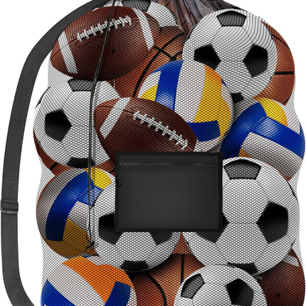 Mesh Ball Bag - Up to 15 Balls Large Capacity Sports Equipment Bag Carrier with Adjustable Strap and Drawstring Closure - For Soccer, Basketball, Volleyball