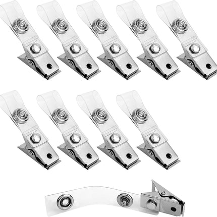 10 Pcs Metal Badge Clips with Transparent PVC Straps, Secure Name Tag Clips for ID Cards and Badge Holders