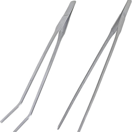 2 Pcs Feeding Tongs, Aquarium Tweezers Stainless Steel Straight and Curved Tweezers Set 27cm/10.6 inches Aquascaping Tools for Hold Worms, Reptiles, Lizards, Bearded Dragon (Silver)