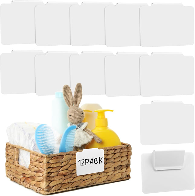 12pcs White Basket Labels Clip On for Storage Bins Removable PVC Labels for Baskets with Holders 3.5x2.7