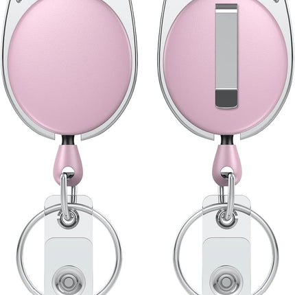 2 Pack Retractable Badge Reel for Badge Holder Pink Heavy Duty Retractable Keychain Strong ABS Casing with Stainless Steel Spring Coil 24 Inch Nylon Rope Carabiner Clip and Key Ring