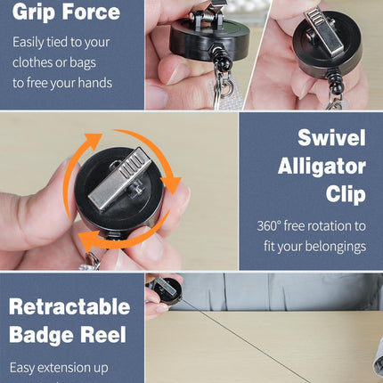 3 Pack Retractable Badge Reel with Swivel Alligator Clip Heavy Duty Retractable Keychain with Stainless Steel Spring Coil Strong ABS Casing with Waterproof Clear Badge Holder