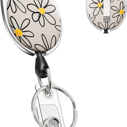 Floral Retractable Badge Reel for Badge Holder White Flower Heavy Duty Retractable Keychain Strong ABS Casing with Stainless Steel Spring Coil 24 Inch Nylon Rope Carabiner Clip and Key Ring