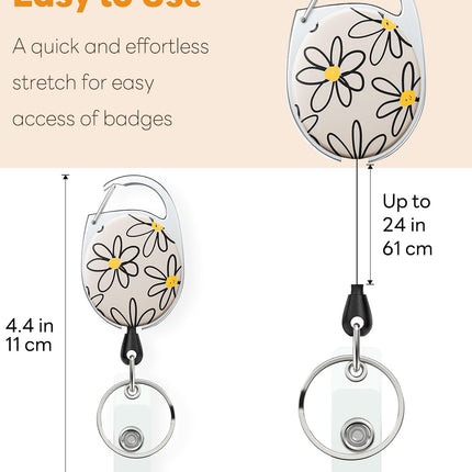 Floral Retractable Badge Reel for Badge Holder White Flower Heavy Duty Retractable Keychain Strong ABS Casing with Stainless Steel Spring Coil 24 Inch Nylon Rope Carabiner Clip and Key Ring