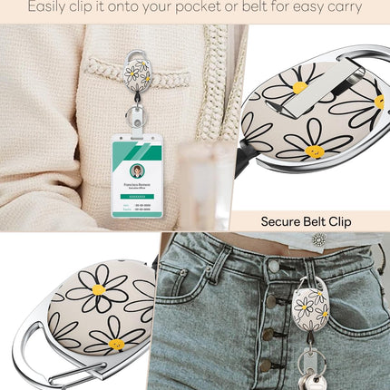 Floral Retractable Badge Reel for Badge Holder White Flower Heavy Duty Retractable Keychain Strong ABS Casing with Stainless Steel Spring Coil 24 Inch Nylon Rope Carabiner Clip and Key Ring