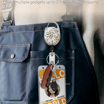 Floral Retractable Badge Reel for Badge Holder White Flower Heavy Duty Retractable Keychain Strong ABS Casing with Stainless Steel Spring Coil 24 Inch Nylon Rope Carabiner Clip and Key Ring