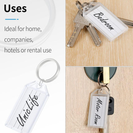 2 Inch Tough Plastic Key Tags White Item Identifiers with Blank Paper Labels Transparent Covers and Split Rings