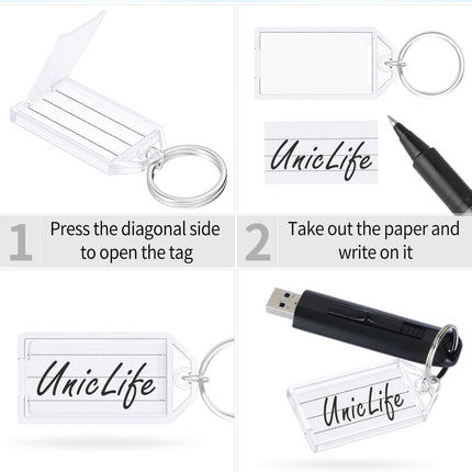 2 Inch Tough Plastic Key Tags White Item Identifiers with Blank Paper Labels Transparent Covers and Split Rings