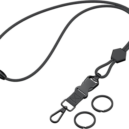 Breakaway Lanyard for ID Badges, Heavy Duty Neck Lanyard with Safety Breakaway Buckle Detachable Buckle Length Adjuster Swivel Hook & Key Rings, Adjustable Round Cord for Keys, Black