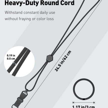 Breakaway Lanyard for ID Badges, Heavy Duty Neck Lanyard with Safety Breakaway Buckle Detachable Buckle Length Adjuster Swivel Hook & Key Rings, Adjustable Round Cord for Keys, Black