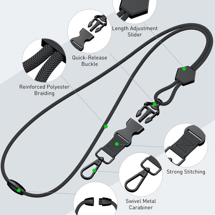 Breakaway Lanyard for ID Badges, Heavy Duty Neck Lanyard with Safety Breakaway Buckle Detachable Buckle Length Adjuster Swivel Hook & Key Rings, Adjustable Round Cord for Keys, Black