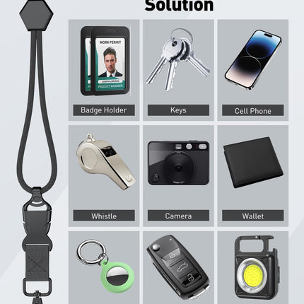 Breakaway Lanyard for ID Badges, Heavy Duty Neck Lanyard with Safety Breakaway Buckle Detachable Buckle Length Adjuster Swivel Hook & Key Rings, Adjustable Round Cord for Keys, Black