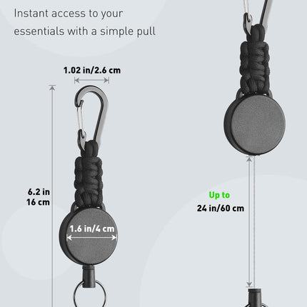 2 Pack Retractable Keychain, Retractable Key Holder, Heavy Duty Badge Reel for Keys and ID Card, Extendable Badge Holder Clip with Carabiner Paracord and Key Ring