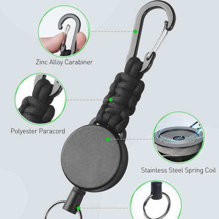 2 Pack Retractable Keychain, Retractable Key Holder, Heavy Duty Badge Reel for Keys and ID Card, Extendable Badge Holder Clip with Carabiner Paracord and Key Ring