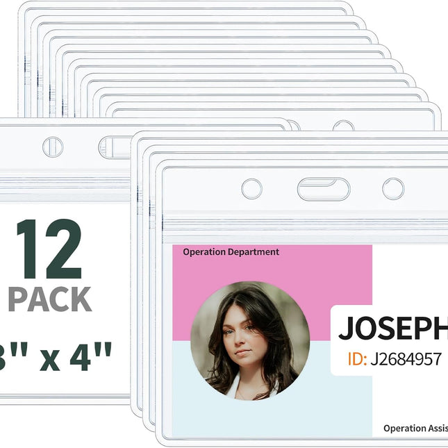 12 Pack 3" x 4" Name Tag Holders Clear Horizontal Name Badge Holders with Resealable Zip Soft Waterproof Plastic Card Case Protector for Business Exhibition Activity and Event