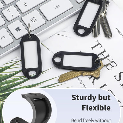20 Pieces Key Tags 2 Inch Soft Plastic Key Chain Tags with Blank Paper Labels Clear Windows Protective Films and Split Rings Flexible Item Identifiers, Black