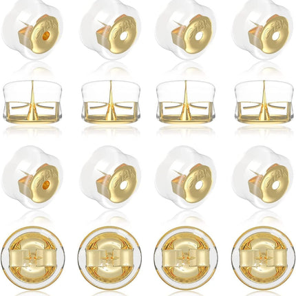 18K Gold Secure Earring Backs for Studs, 925 Silver Silicone Hypoallergenic Soft Clear Replacements, Rubber Earring Backs Pierced Locking for Adults Kids (Gold, 8 Pairs)