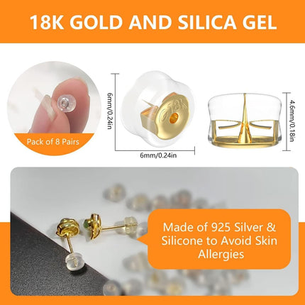 18K Gold Secure Earring Backs for Studs, 925 Silver Silicone Hypoallergenic Soft Clear Replacements, Rubber Earring Backs Pierced Locking for Adults Kids (Gold, 8 Pairs)