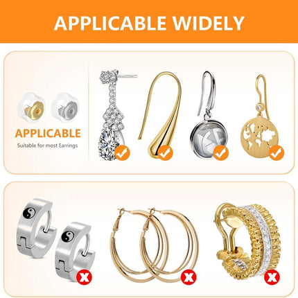 18K Gold Secure Earring Backs for Studs, 925 Silver Silicone Hypoallergenic Soft Clear Replacements, Rubber Earring Backs Pierced Locking for Adults Kids (Gold, 8 Pairs)