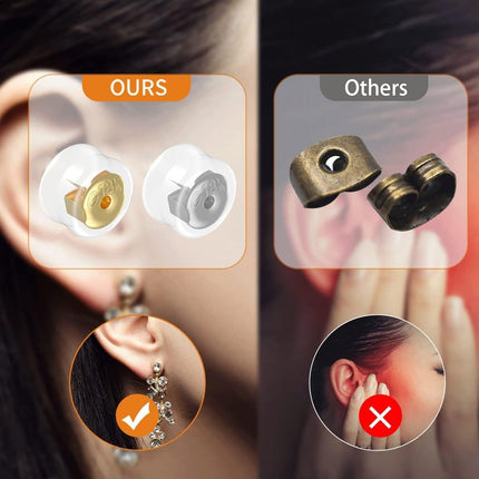 18K Gold Secure Earring Backs for Studs, 925 Silver Silicone Hypoallergenic Soft Clear Replacements, Rubber Earring Backs Pierced Locking for Adults Kids (Gold, 8 Pairs)