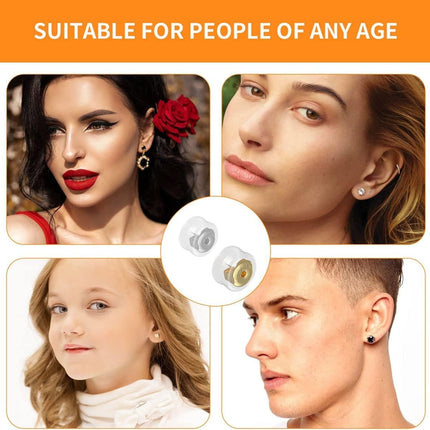 18K Gold Secure Earring Backs for Studs, 925 Silver Silicone Hypoallergenic Soft Clear Replacements, Rubber Earring Backs Pierced Locking for Adults Kids (Gold, 8 Pairs)