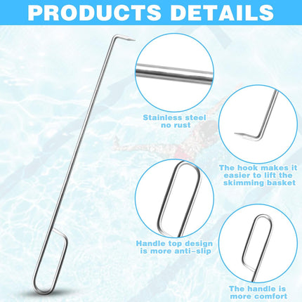 2Pcs Pool Skimmer Hook, Stainless Steel Skimmer Basket Handle Extended Knee Protection Pool Skimmer Basket Hook Tool for Cleaning Swimming Pool Debris Skimmer Basket Hook, Protect Hands Skimmer Hook