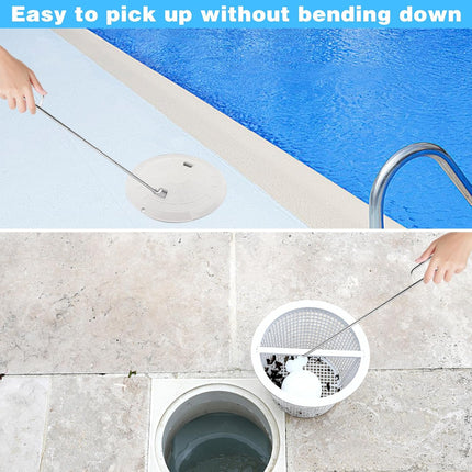 2Pcs Pool Skimmer Hook, Stainless Steel Skimmer Basket Handle Extended Knee Protection Pool Skimmer Basket Hook Tool for Cleaning Swimming Pool Debris Skimmer Basket Hook, Protect Hands Skimmer Hook