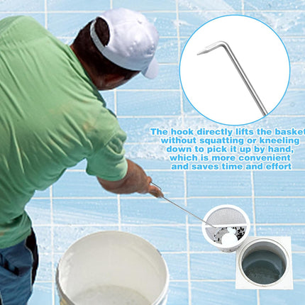 2Pcs Pool Skimmer Hook, Stainless Steel Skimmer Basket Handle Extended Knee Protection Pool Skimmer Basket Hook Tool for Cleaning Swimming Pool Debris Skimmer Basket Hook, Protect Hands Skimmer Hook