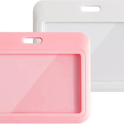 2 Pack ID Badge Holder, White and Pink ID Card Holder, Horizontal Sliding Plastic Key Card Holder for Office, School, Factory, Teachers & Students