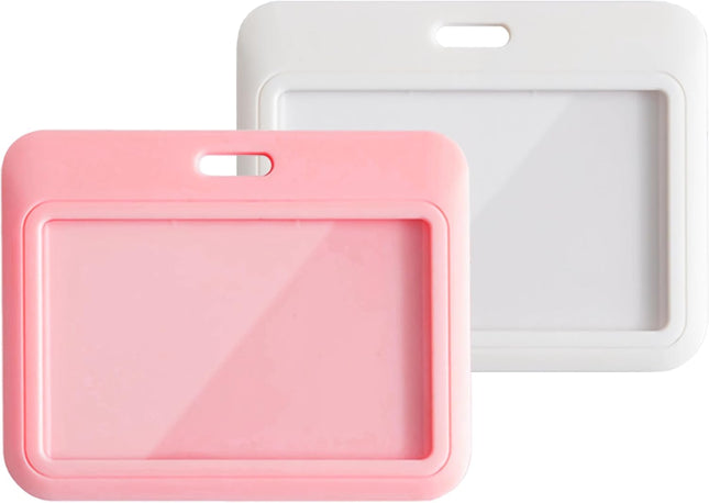 2 Pack ID Badge Holder White and Pink ID Card Holder Horizontal Sliding Plastic Key Card Holder for Office