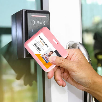 2 Pack ID Badge Holder, White and Pink ID Card Holder, Horizontal Sliding Plastic Key Card Holder for Office, School, Factory, Teachers & Students