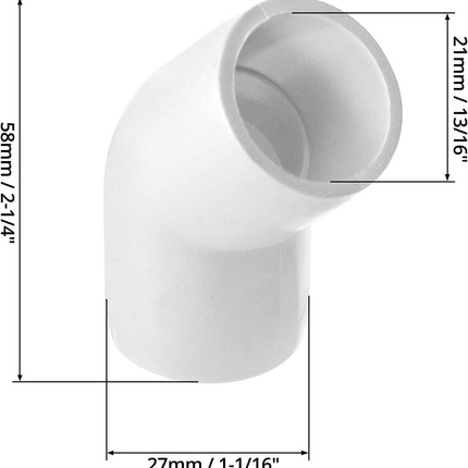 1/2" 45 Degree Elbow PVC Fitting, 2 Way, 10 Pack, Furniture Grade, for Building Furniture and PVC Structures, White