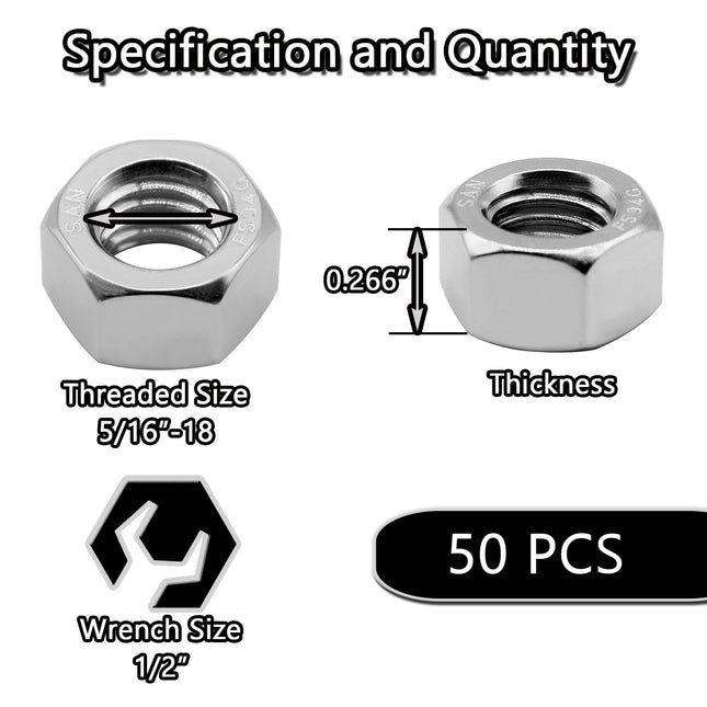 50PCS 5/16 -18 Nuts 18-8 304 (A2-70) Stainless Hardware Nuts Commercial Grade for Boats Dock Car – product detail