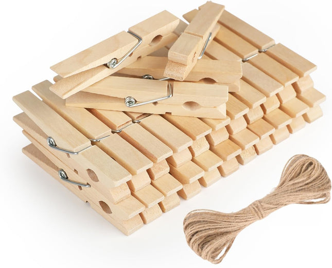 Wooden Clips with String 50Pcs 2.9Inch Large Clothes Pins Natural Brown Photo Hanging Clip