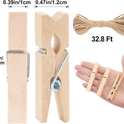 Wooden Clips with String, 50Pcs 2.9Inch Large Clothes Pins, Natural Brown Photo Hanging Clip, Wooden Decoration Clips for DIY Crafts, Storage Bags, Cheer Pins, Hanging Clothes
