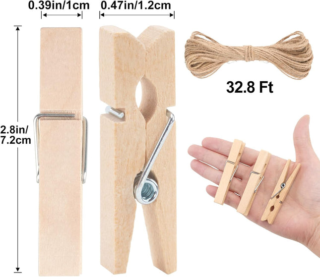 Wooden Clips with String 50Pcs 2.9Inch Large Clothes Pins Natural Brown Photo Hanging Clip – product detail