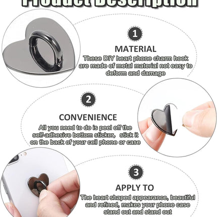 12 Pcs Phone Charm Hook Heart-Shaped Universal Adhesive Metal Hook Phone Keychain Hook Surface Plating Heart Cell Phone Ring Holder Suitable for Cell Phone Case Tablet DIY Hanging Accessories