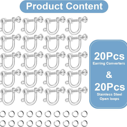 40pcs Screw Back Earring Converter with Jump Rings – Convert Dangle Earrings for Non-Pierced Ears, Such as Those with Fishhook or Kidney Hook Findings, Painless & Hypoallergenic Resin U‑Type Earrings