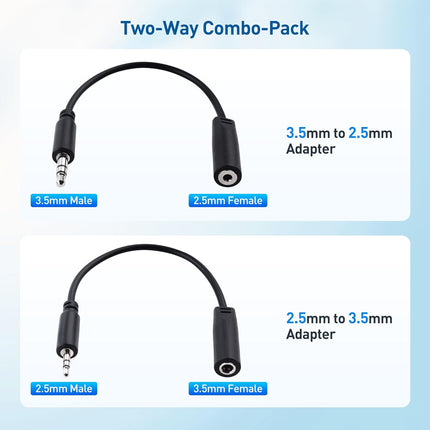 Combo-Pack TRS 2.5 mm and 3.5 mm Headphone Adapter Kit (1X 2.5mm to 3.5mm Converter and 1X 3.5mm to 2.5mm Converter) in Black - 4 Inches