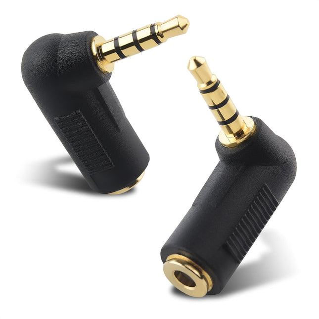 2-Pack TRRS Right Angle 3.5mm Adapter in Black (3.5mm Right Angle Adapter 90 Degree Audio Converter)