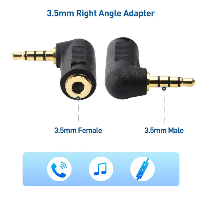 2-Pack TRRS Right Angle 3.5mm Adapter in Black (3.5mm Right Angle Adapter 90 Degree Audio Converter) – product detail