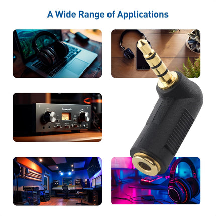 2-Pack TRRS Right Angle 3.5mm Adapter in Black (3.5mm Right Angle Adapter, 90 Degree Audio Converter)