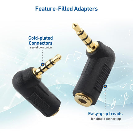 2-Pack TRRS Right Angle 3.5mm Adapter in Black (3.5mm Right Angle Adapter, 90 Degree Audio Converter)