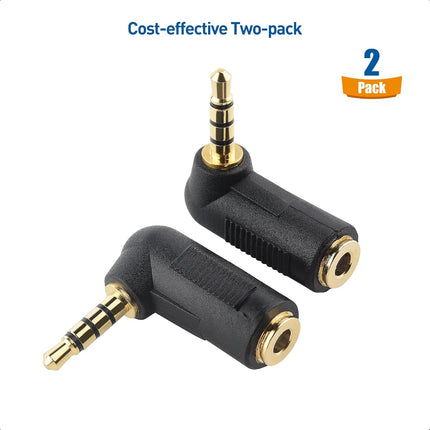 2-Pack TRRS Right Angle 3.5mm Adapter in Black (3.5mm Right Angle Adapter, 90 Degree Audio Converter)