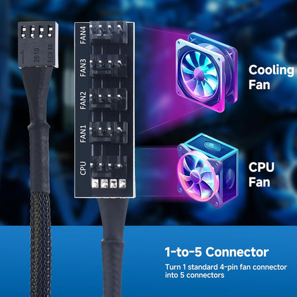 PC Case PWM Fan Hub, PC Fan Hub, 1-to-5 Way PWM Splitter with 16-Inch Cable
