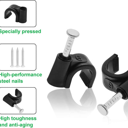 100pcs 1/4" / 6mm Half Clamp J-Hook with Nail, Nail in Cable Clips Ethernet Cable Nails Tacks Clips, Black