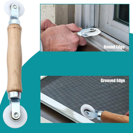 3 Pcs Window Door Screen Repair Kit, Screen Spline Roller Tool with Wooden Handle & Nylon Bearing Wheels and Removal Hook